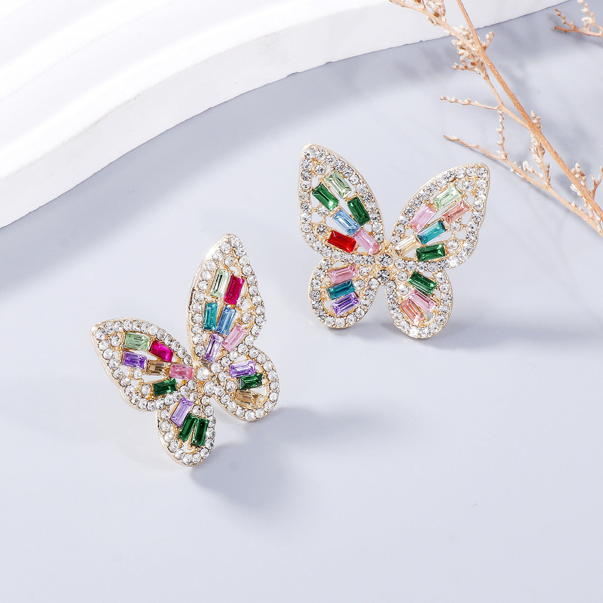 Alloy Inlaid Colorful Rhinestone Butterfly Earrings