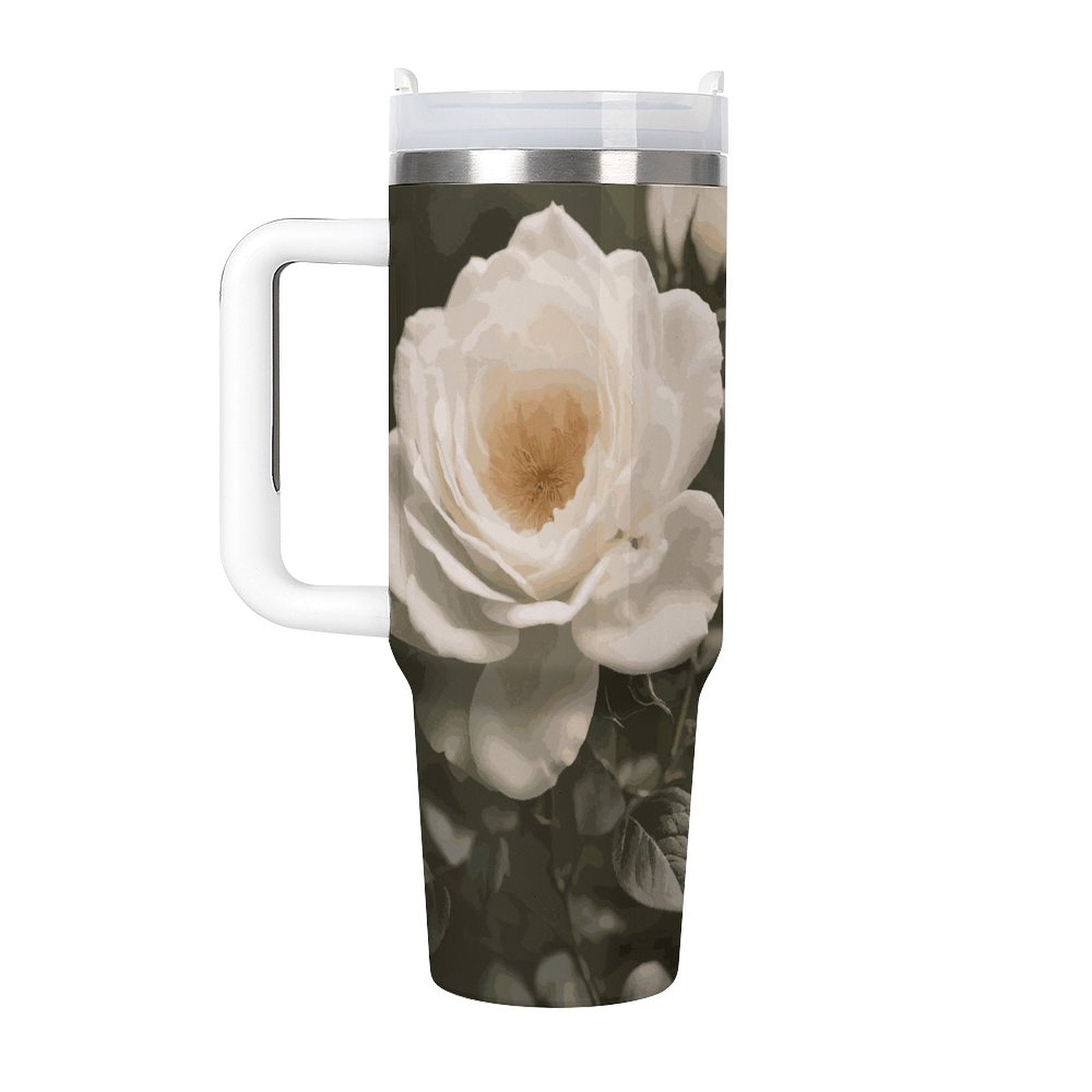 White Rose 40oz Large Capacity Stainless Steel Tumbler Cup
