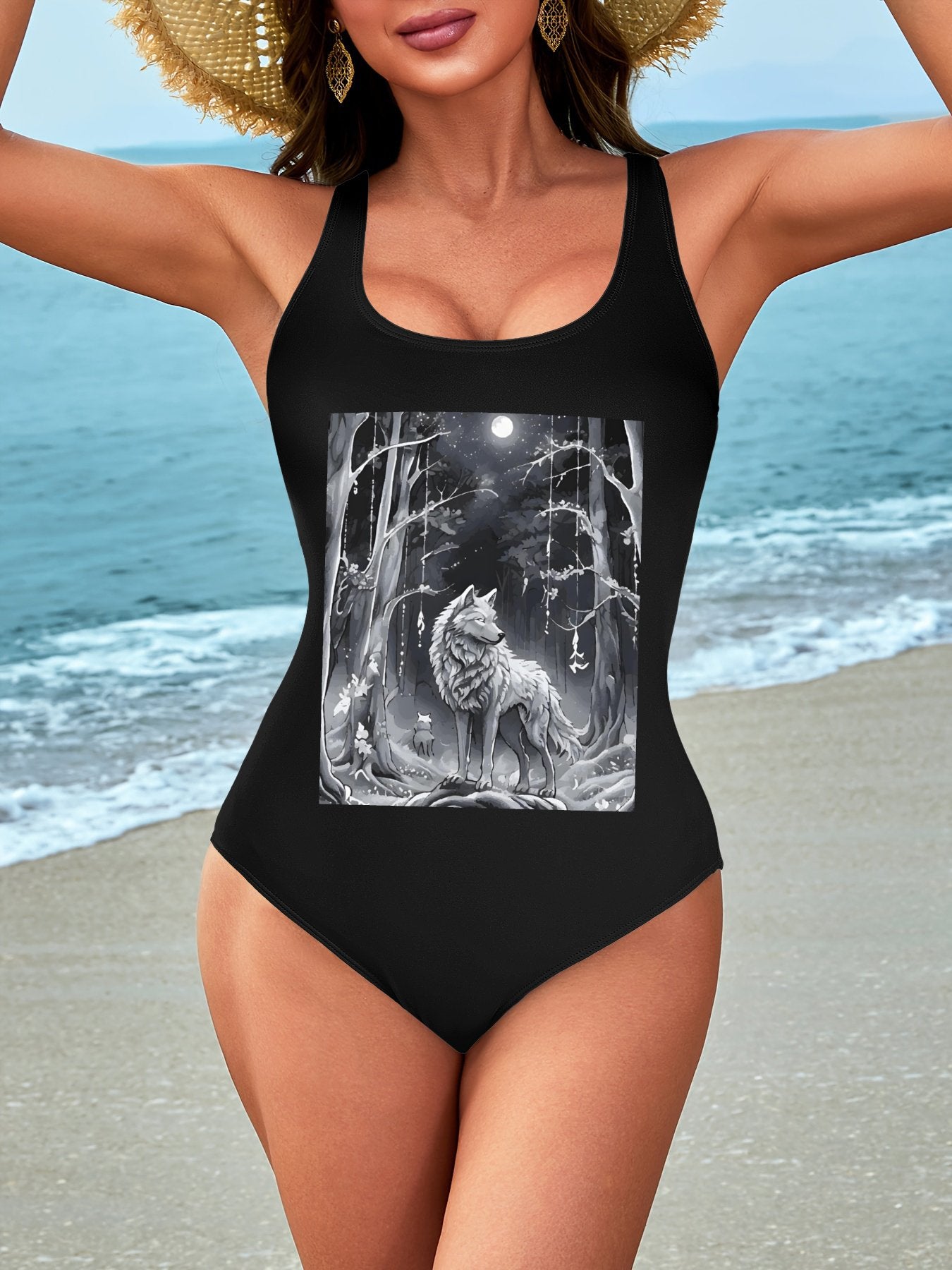 Ethereal Wolf in the Moonlight One-piece Swimsuit Bikini (Front Printing)
