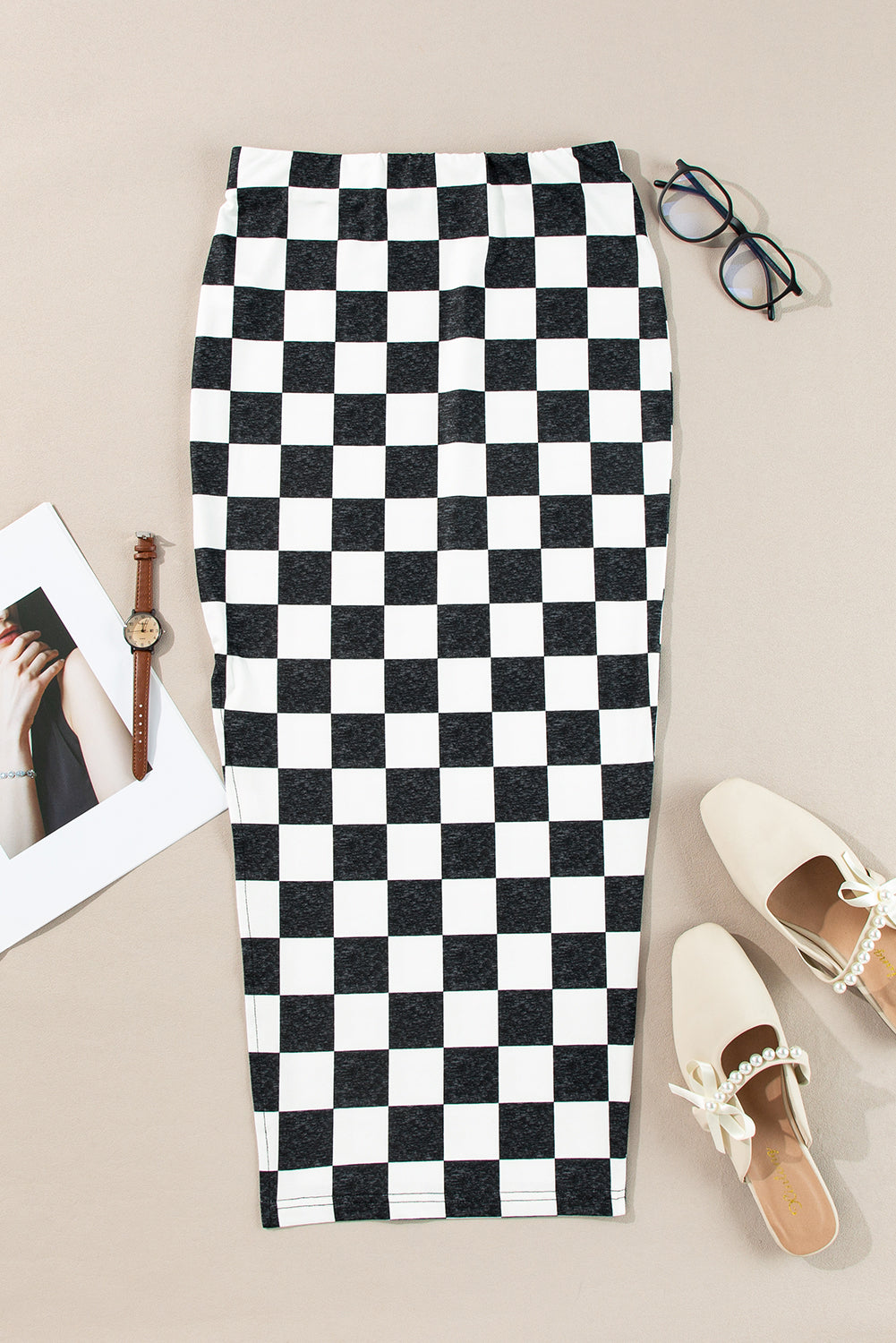 Women's Black & White Checkered Side Slit High Waist Midi Skirt