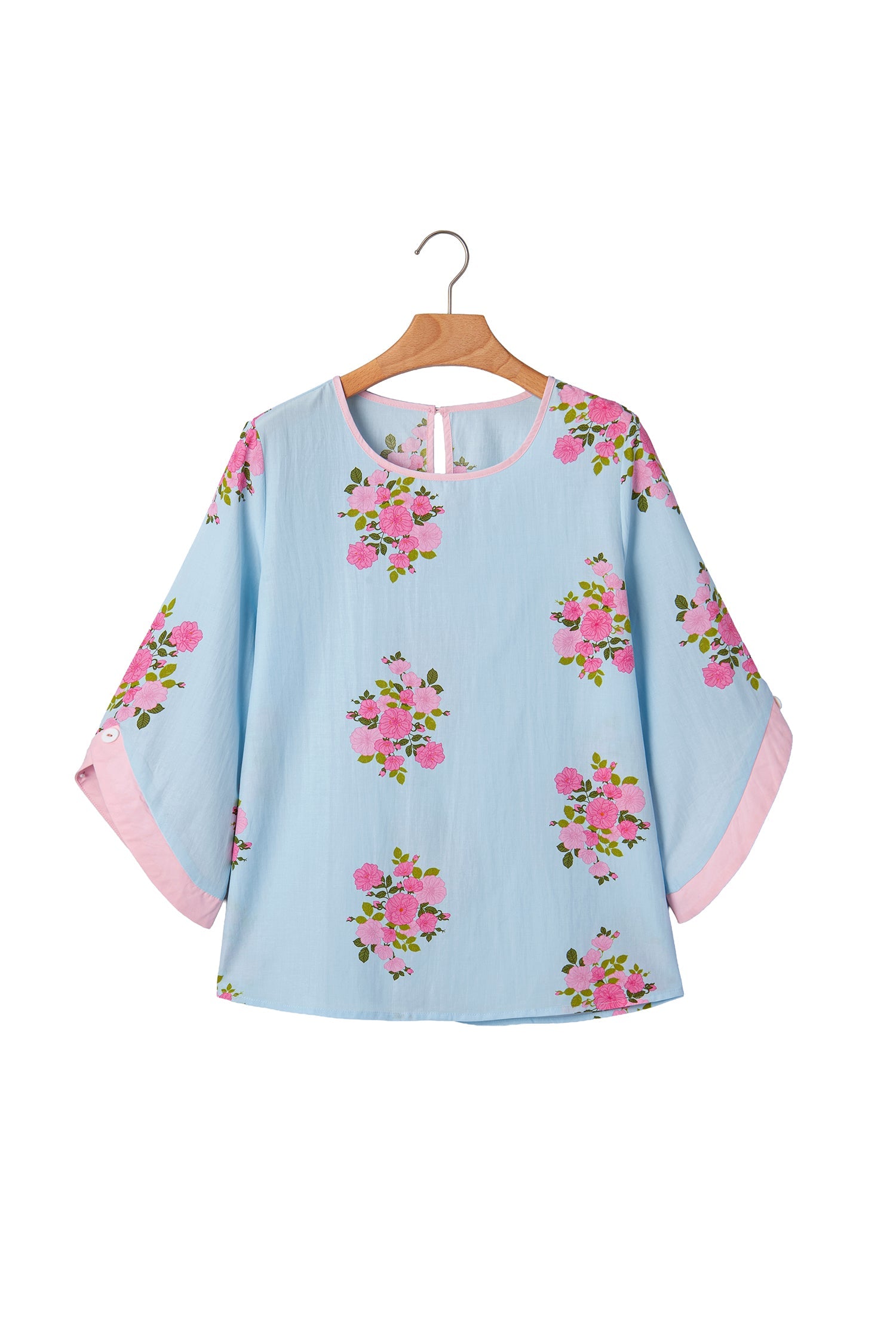 Floral Button Cuffed 3/4 Sleeve Round Neck Blouse