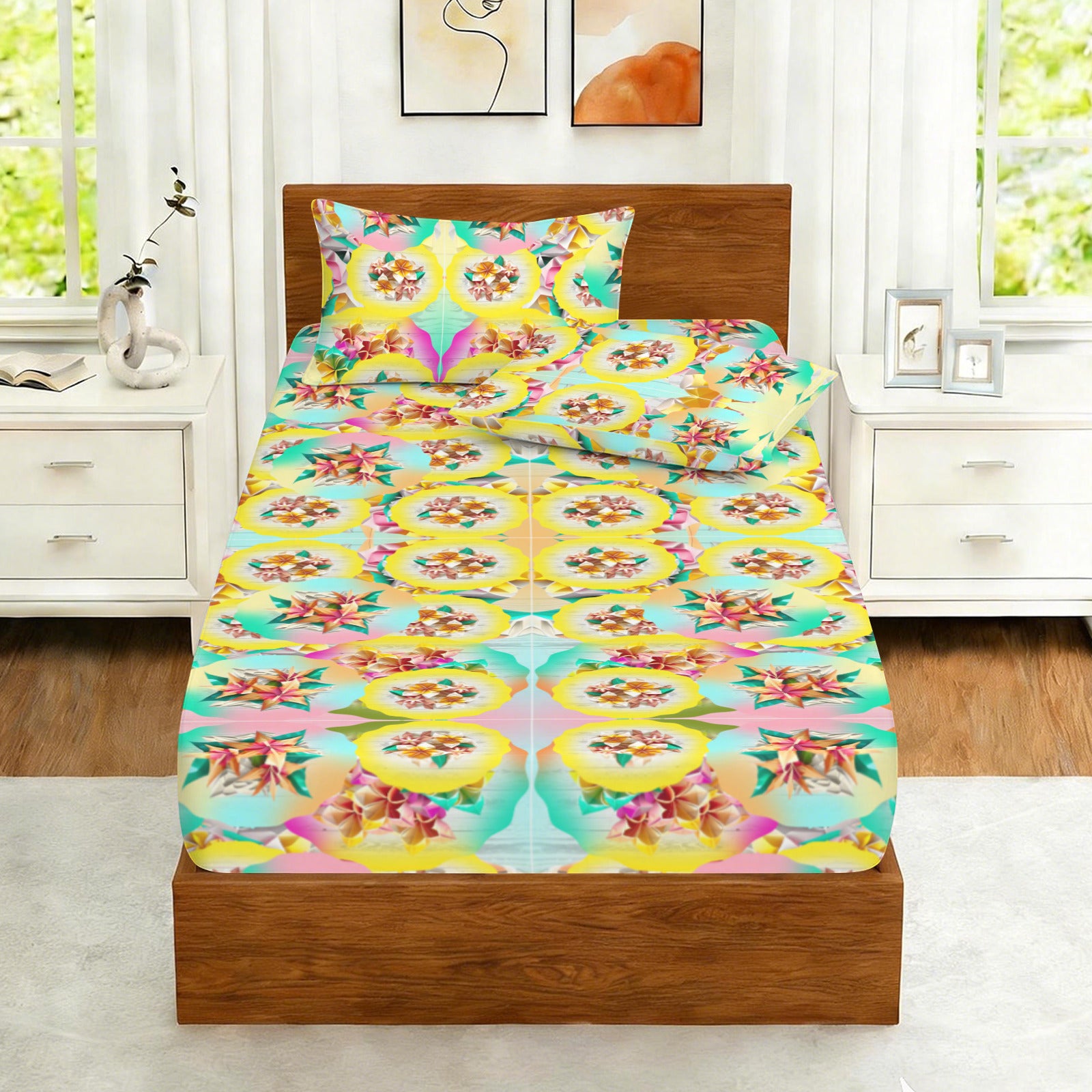 Circle Floral Pastel Pattern Twin Bedding Set (Fitted Sheet + Pillowcases) | Ships from USA