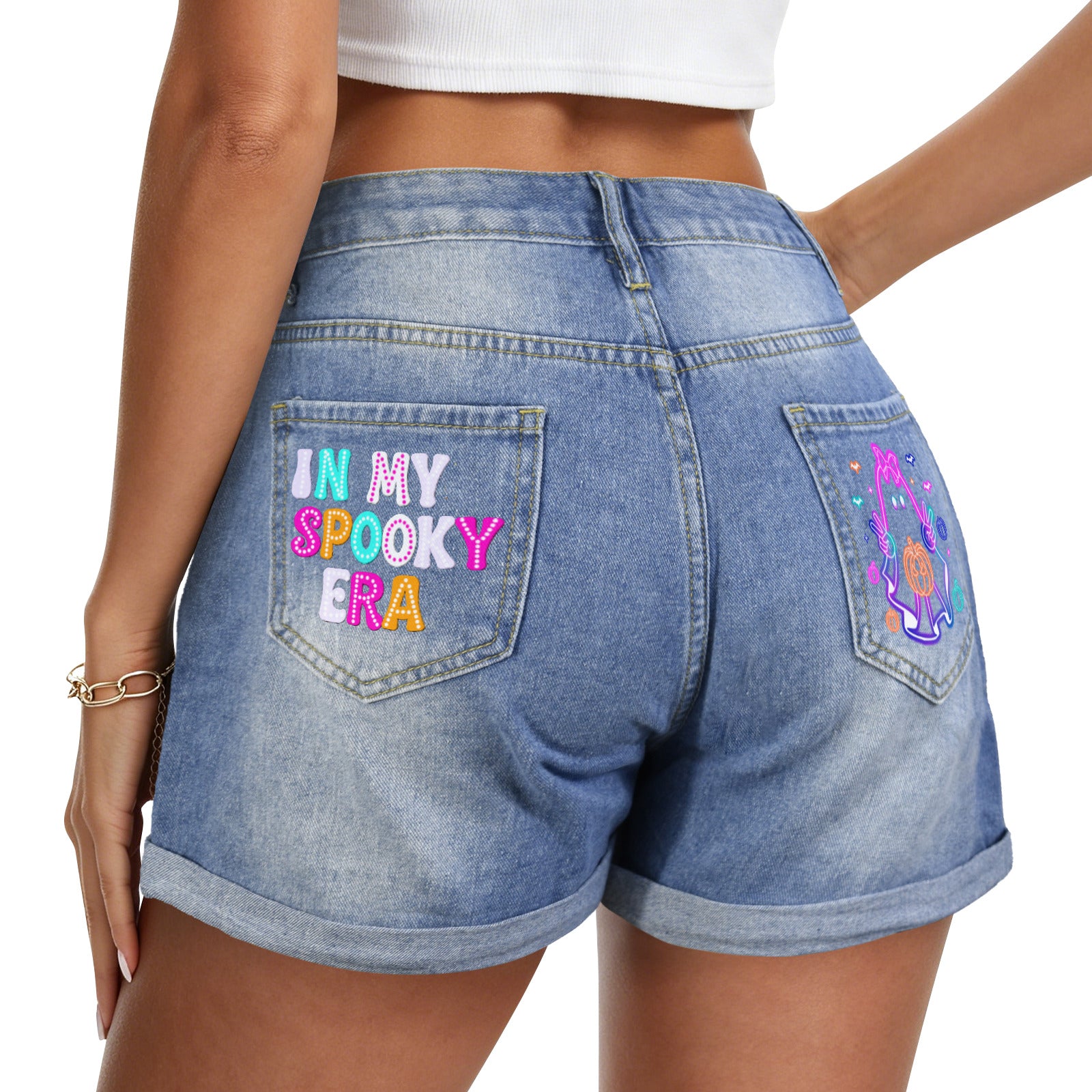 Retro Halloween Neon Ghost Light-Wash Blue Denim Shorts (Dual Pockets Print)