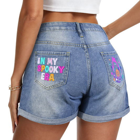 Retro Halloween Neon Ghost Light-Wash Blue Denim Shorts (Dual Pockets Print)