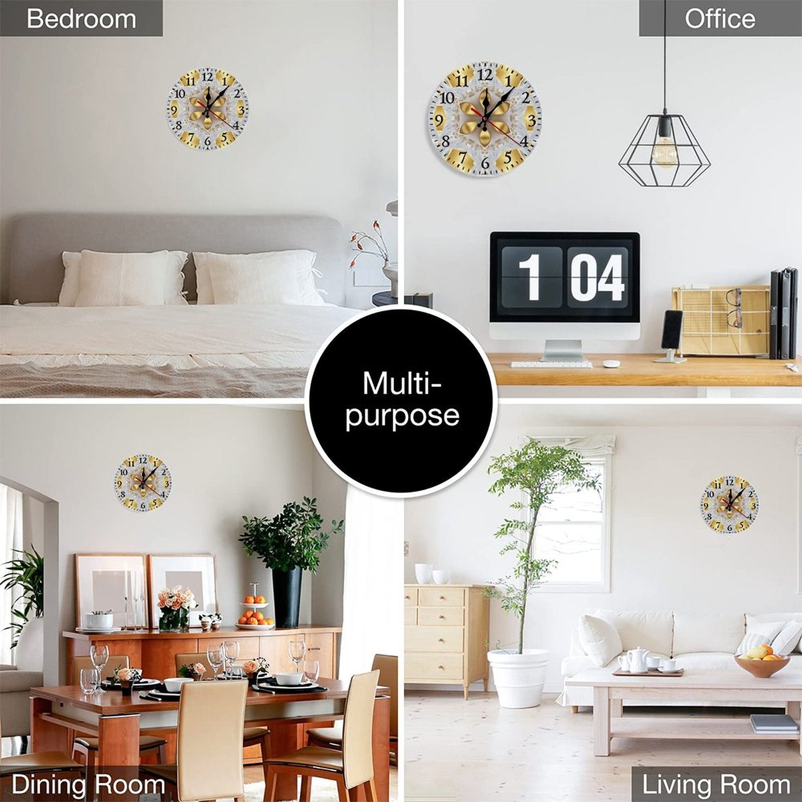 Collage of a decorative clock in different rooms including bedroom, office, dining room, and living room.