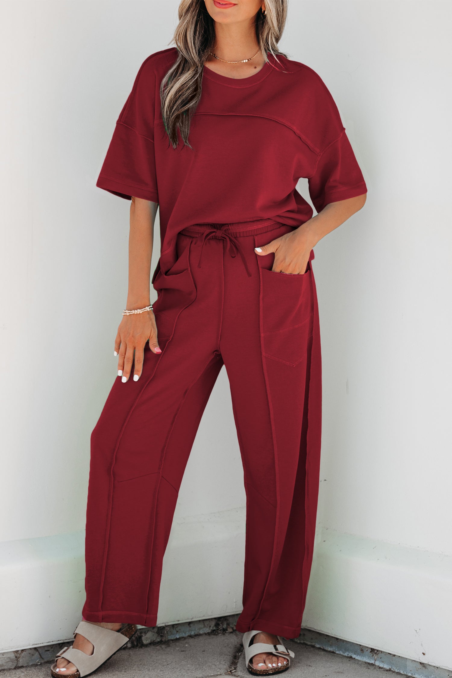 Rose Red Drop Shoulder Boxy Tee and Barrel Pants Set