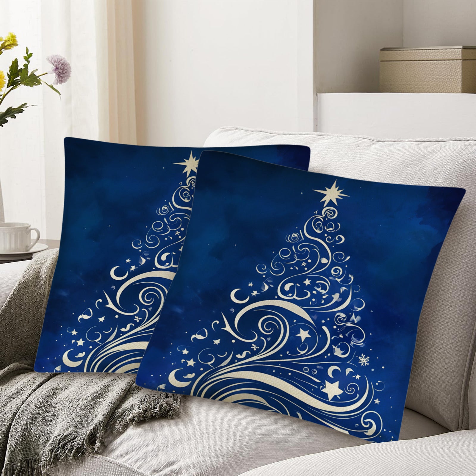 Silver Tree on Blue Background Christmas Pillow Cases Throw Pillow Covers 18x18inch