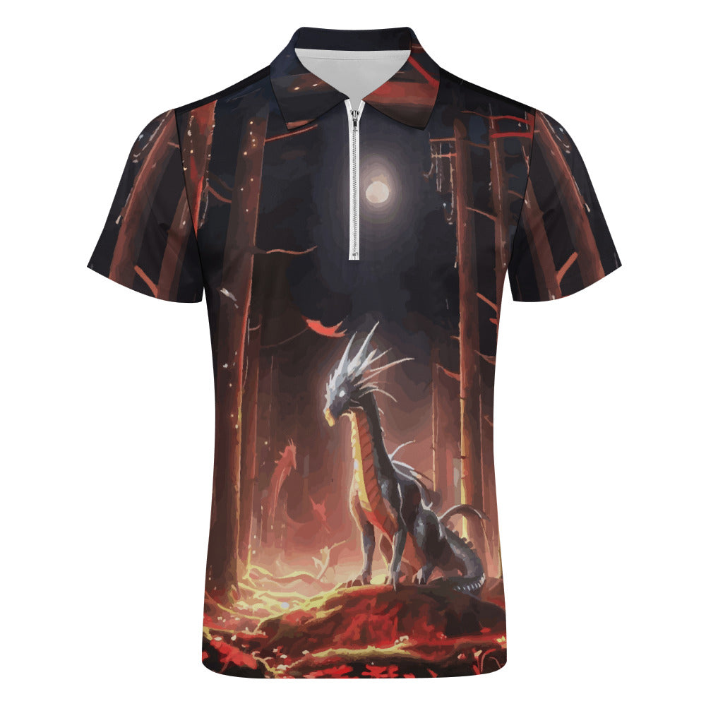 Men's Fire Dragon Quarter Zip Short Sleeve Polo Shirt