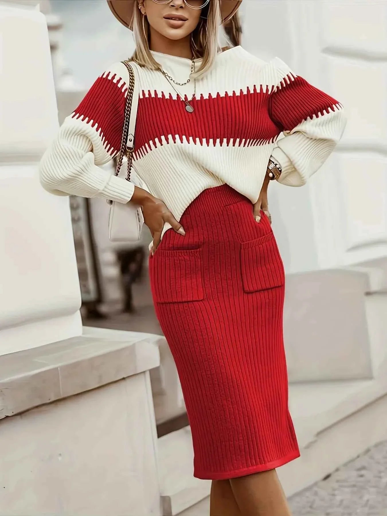 Two-Tone Ribbed Knit Top & Skirt Set Sweater Outfit