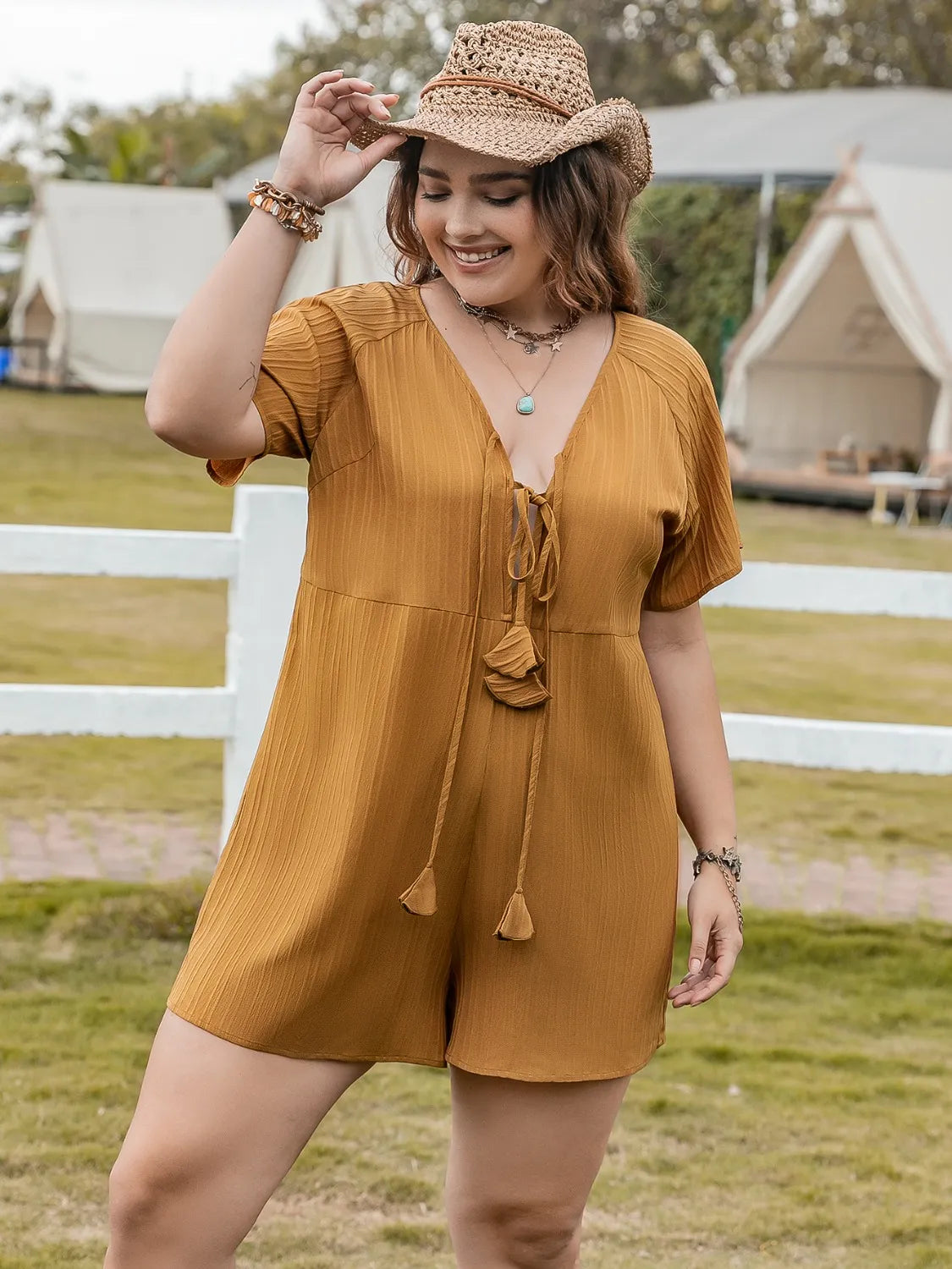 Mustard Plus Size V-Neck Short Sleeve Romper