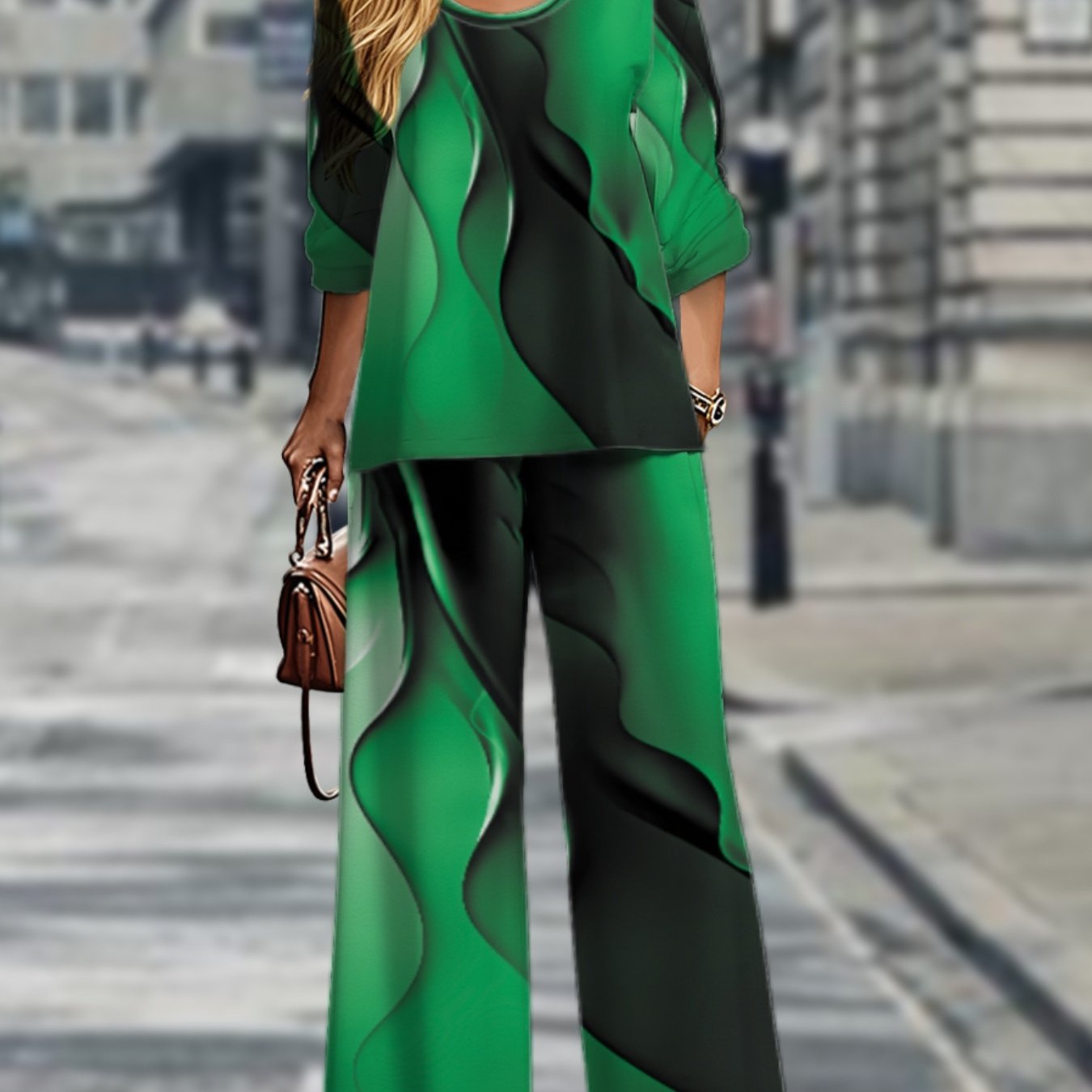 Vibrant  Geometric Plus Size Long Sleeve Top  Pants Set