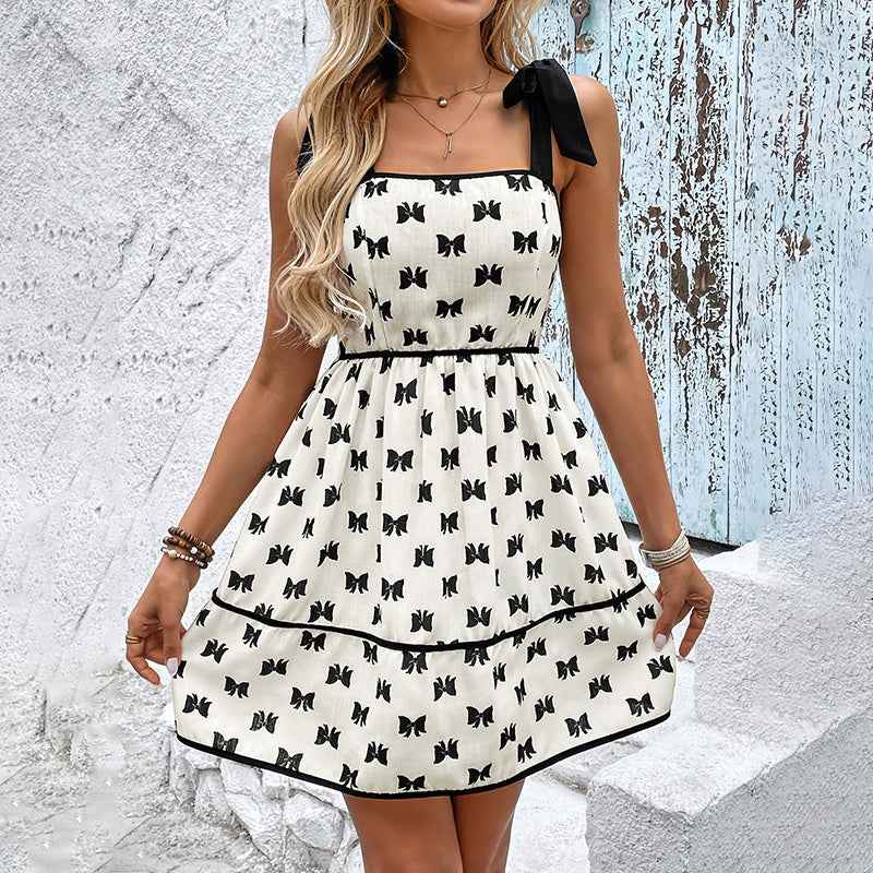 Shoulder Strap Bow Decoration With Bow Print Elegant Summer Dress