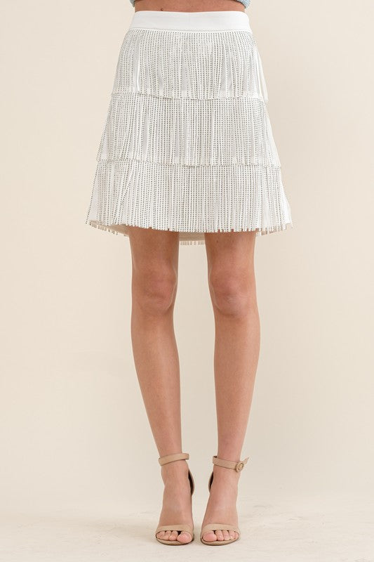 Women's Rhinestone Suede Fringe Mini Skirt