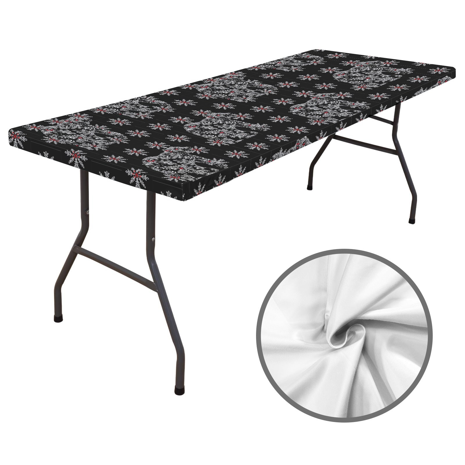 Chinoiserie Christmas Polar Bear Black Elastic Fitted Tablecloth - 72