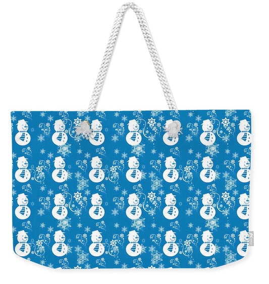 Blue Festive Snowman Pattern Weekender Tote Bag