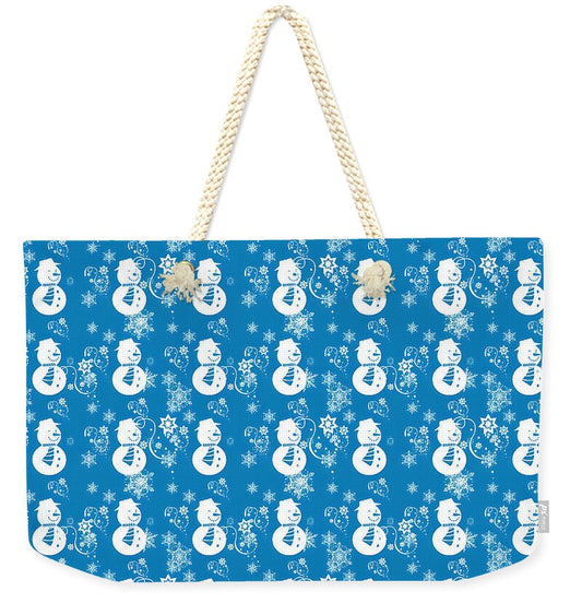 Blue Festive Snowman Pattern Weekender Tote Bag