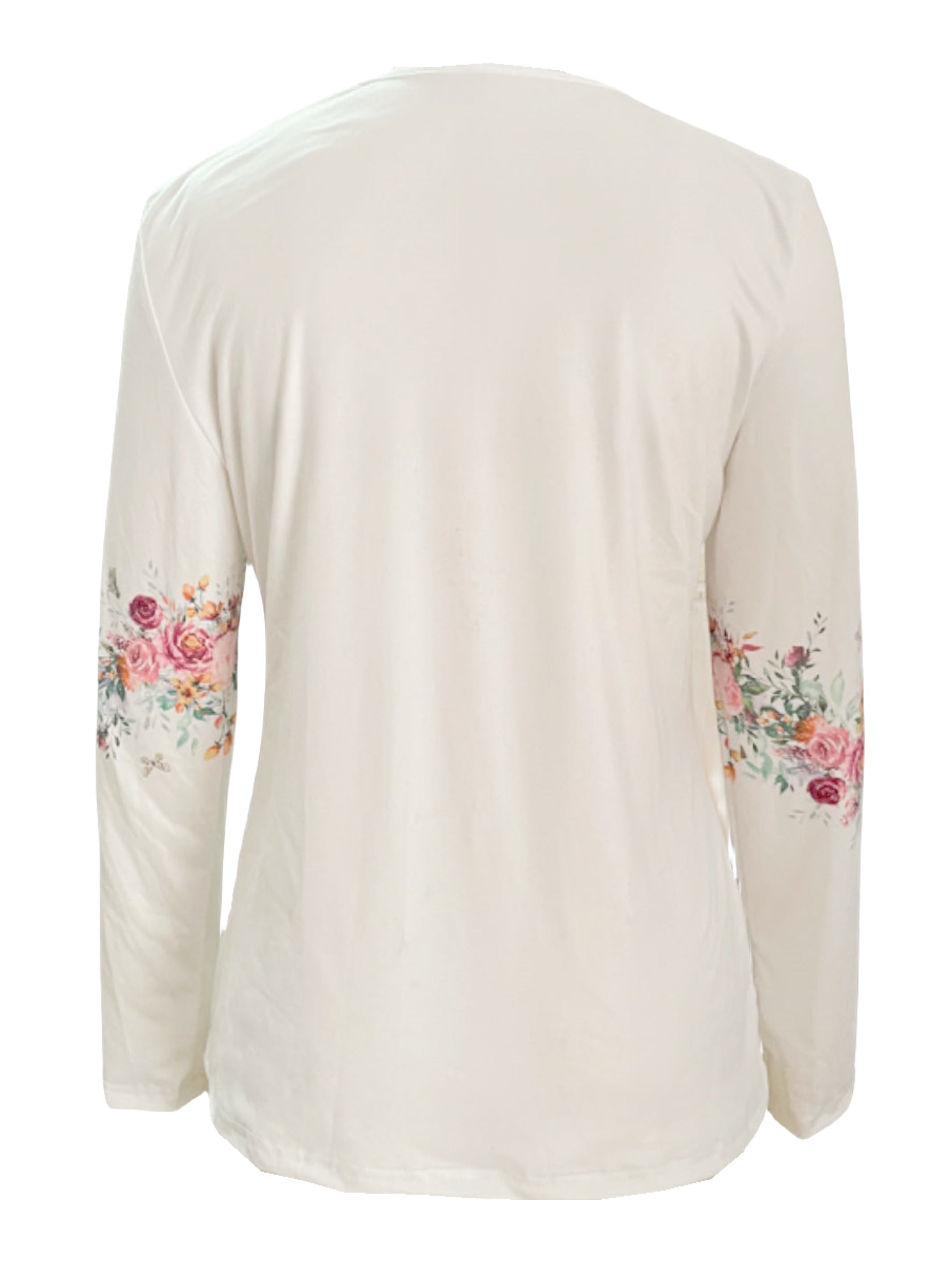 White Buttoned Rose Print Long Sleeve Casual Blouse