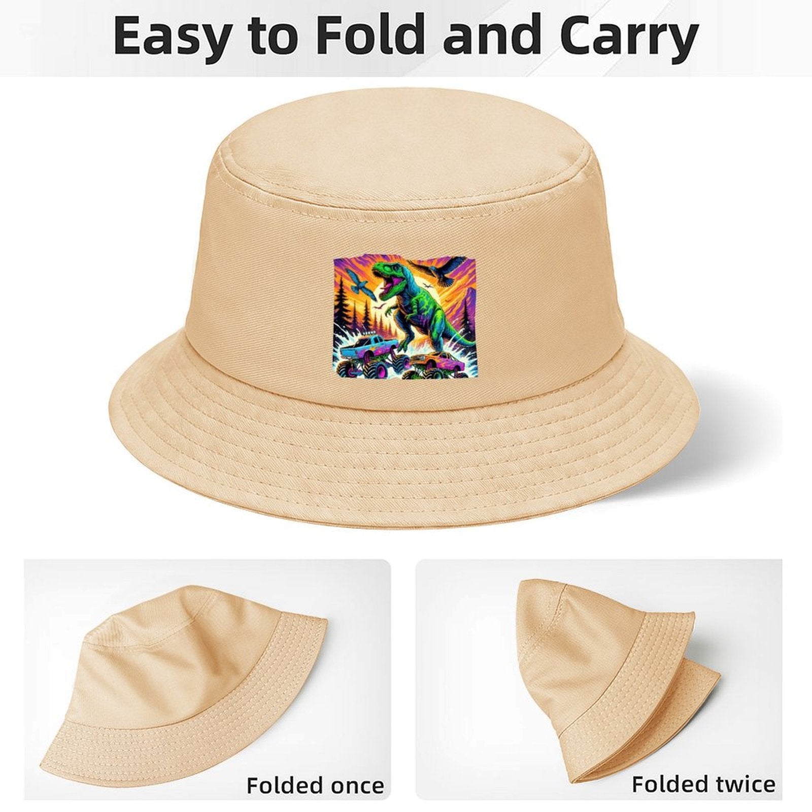 Giant Dinosaur Stomping Trucks Design Kid's Bucket Hat | Ships from USA