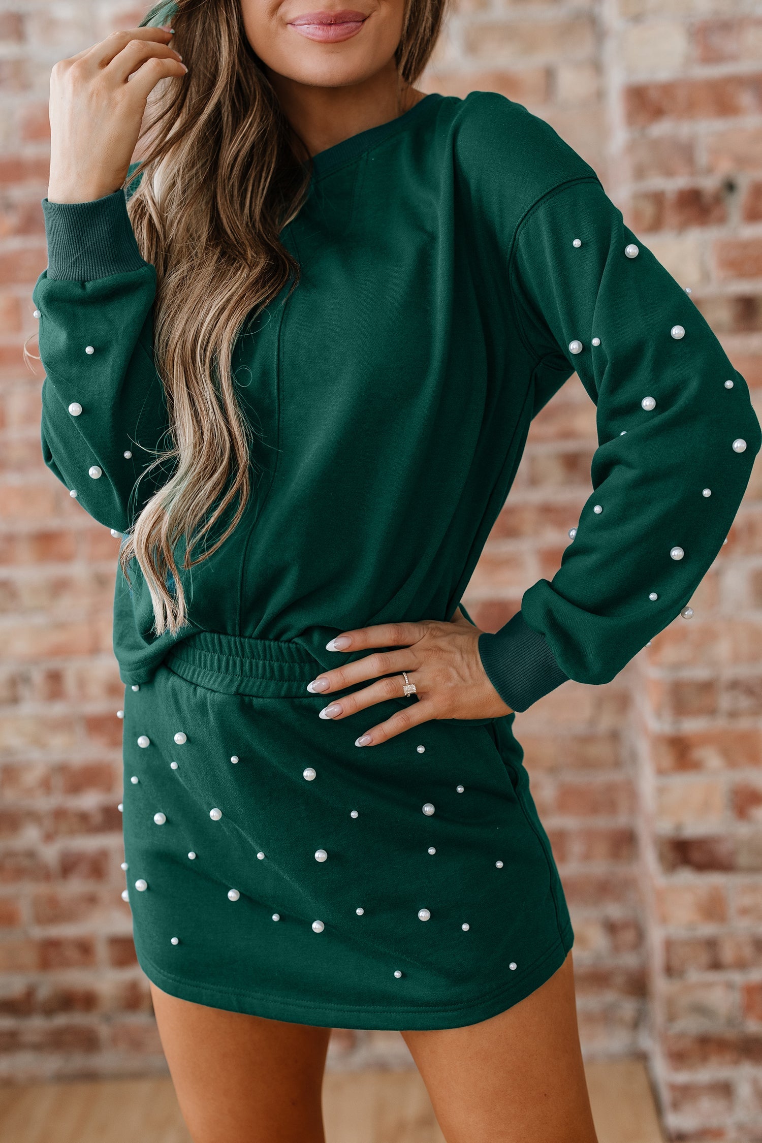 Dark Green Pearl Embellished Drop Shoulder Pullover Elastic Waist Mini Skirt Set