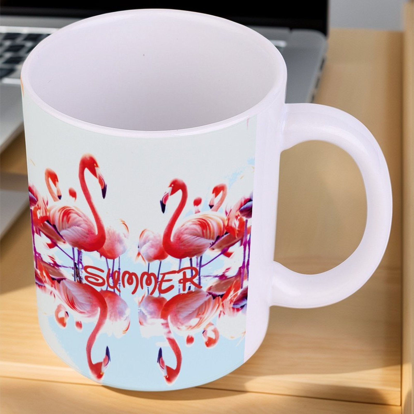 Pink Flamingos Summer Design 14oz White Ceramic Mug with Handle (Made in USA)