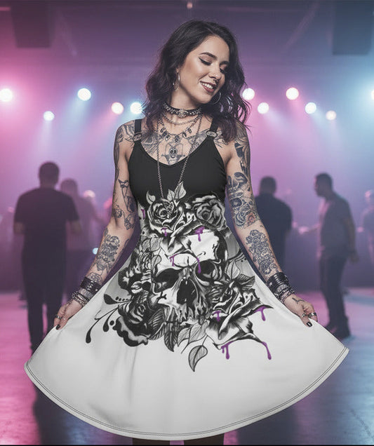 Boho Chic Black & White Skull Sleeveless Skater Short Dress