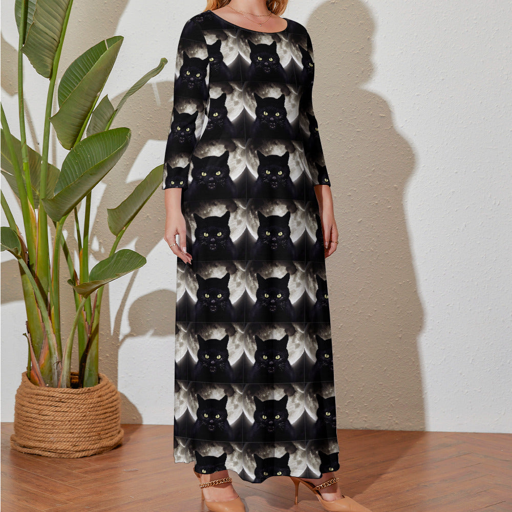 Black Cat Plus Size Loose Crew Neck Long Sleeve Maxi Dress