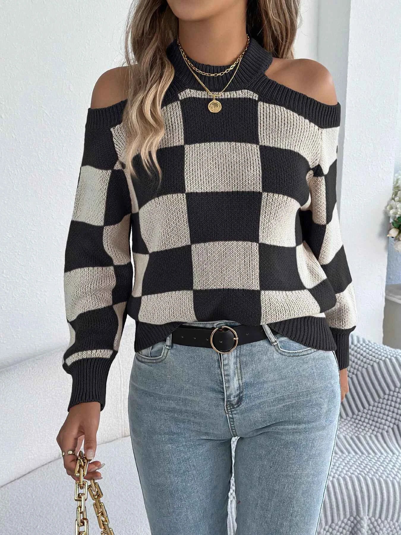 Cold Shoulder Checkered Long Sleeve Sweater