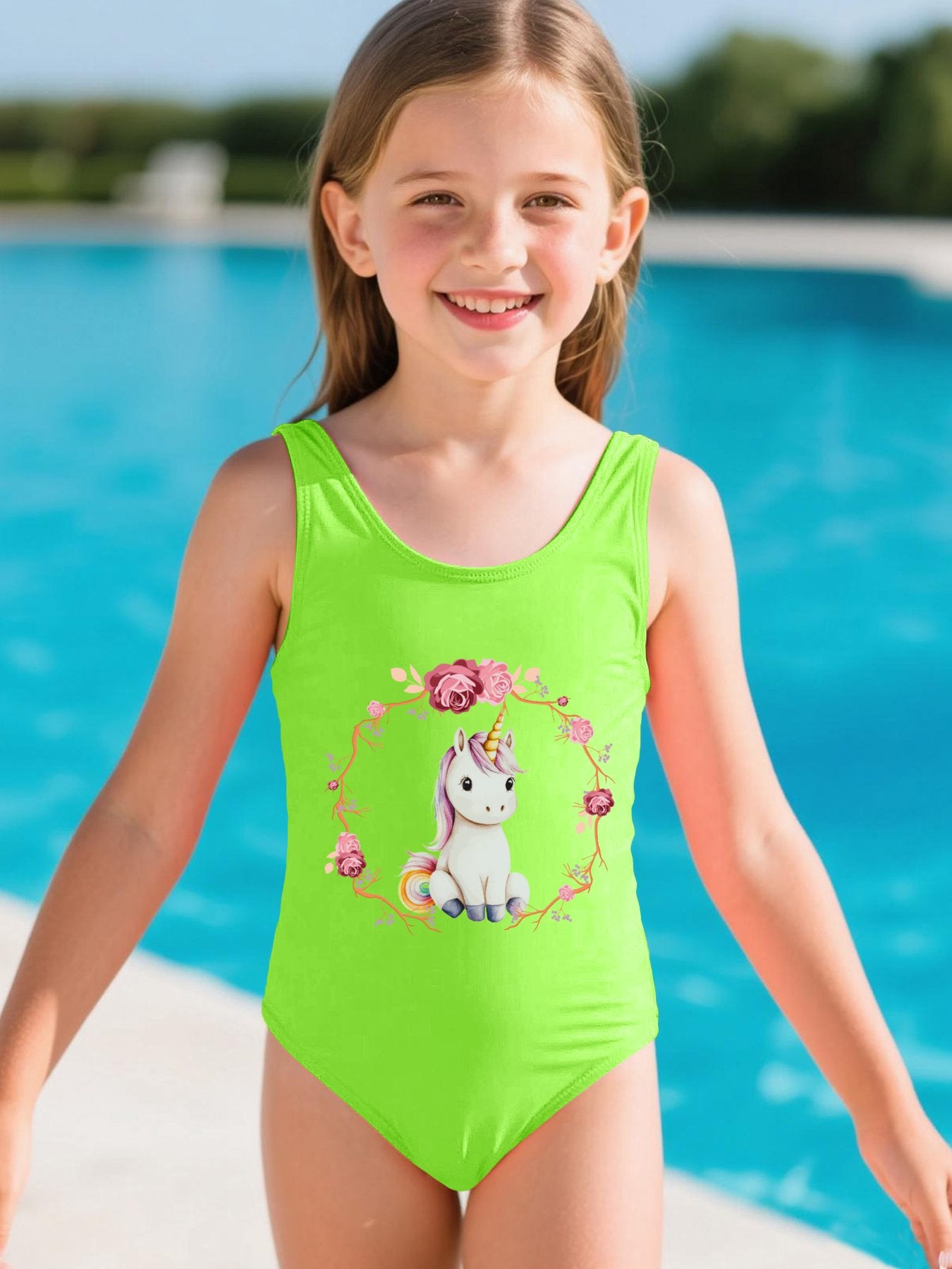 Baby Unicorn with Pink Roses Girls' Summer One-Piece Swimsuit (Front Printing)