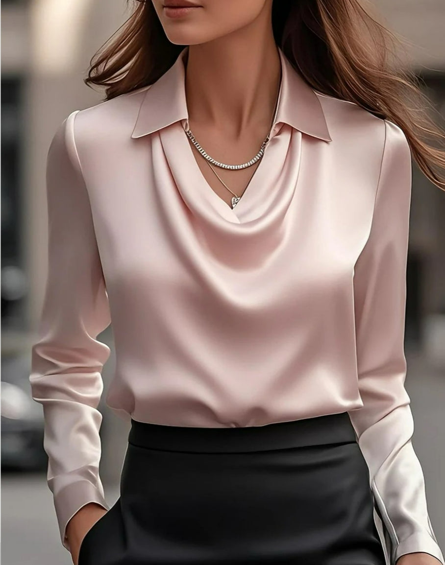Women's Satiny Cowl Neck Elegantly Draped Long Sleeve Blouse