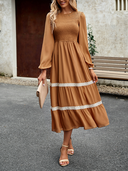 Women's Fall Colors Long Sleeve High Waist Smocked Flowy Midi Dress