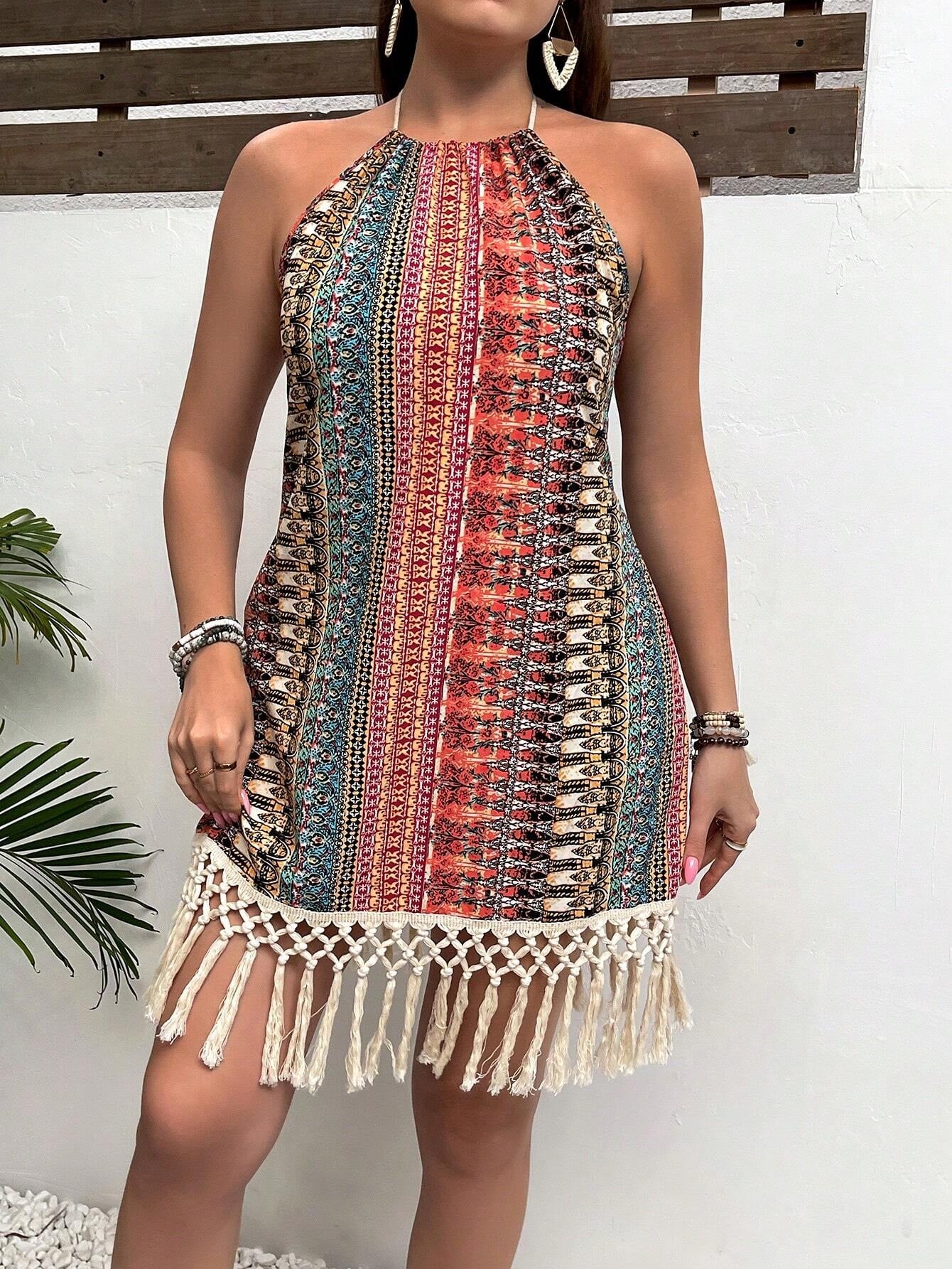 VCAY plus Size Halter Neck Tassel Hem Full-Printed Beach Vacation Dress