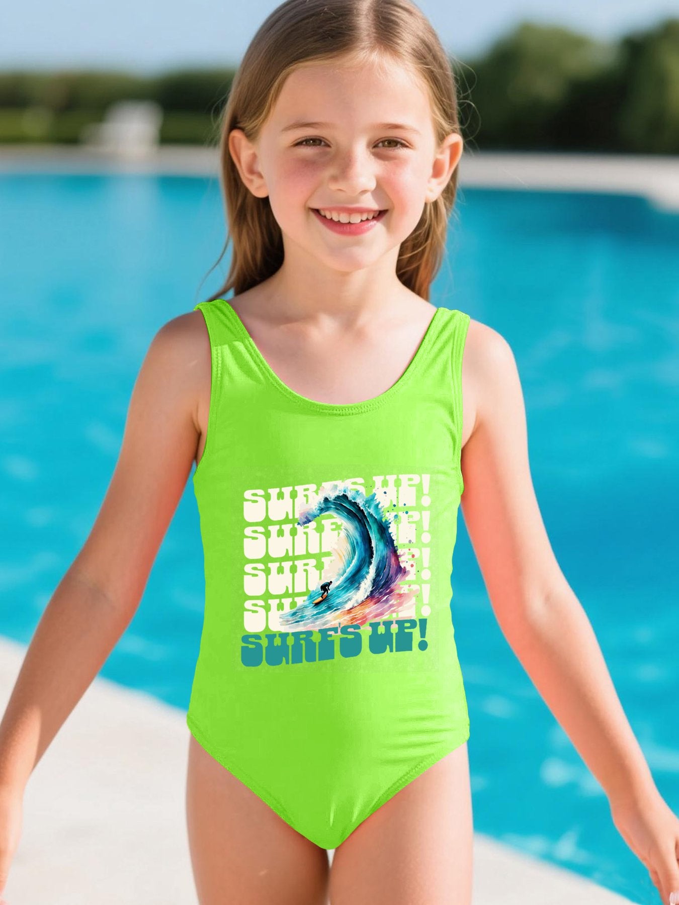 Surf's Up Girls' Summer One-Piece Swimsuit (Front Printing)
