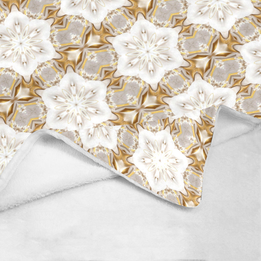 White Flower with Gold Trim Ultra-Soft Micro Fleece Blanket (Made in USA)