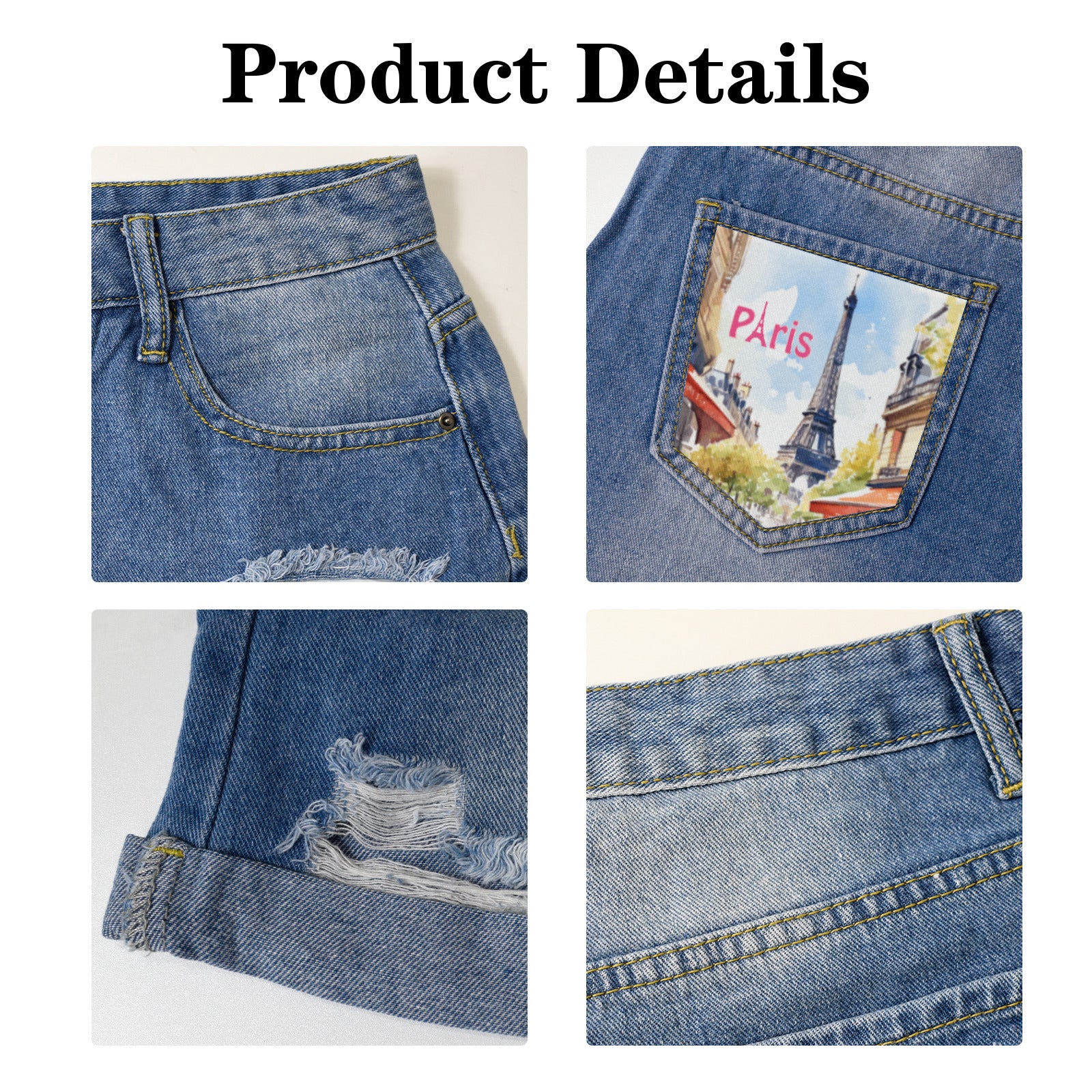 Eiffel Tower in Paris Light-Wash Blue Denim Shorts (Dual Pockets Print)
