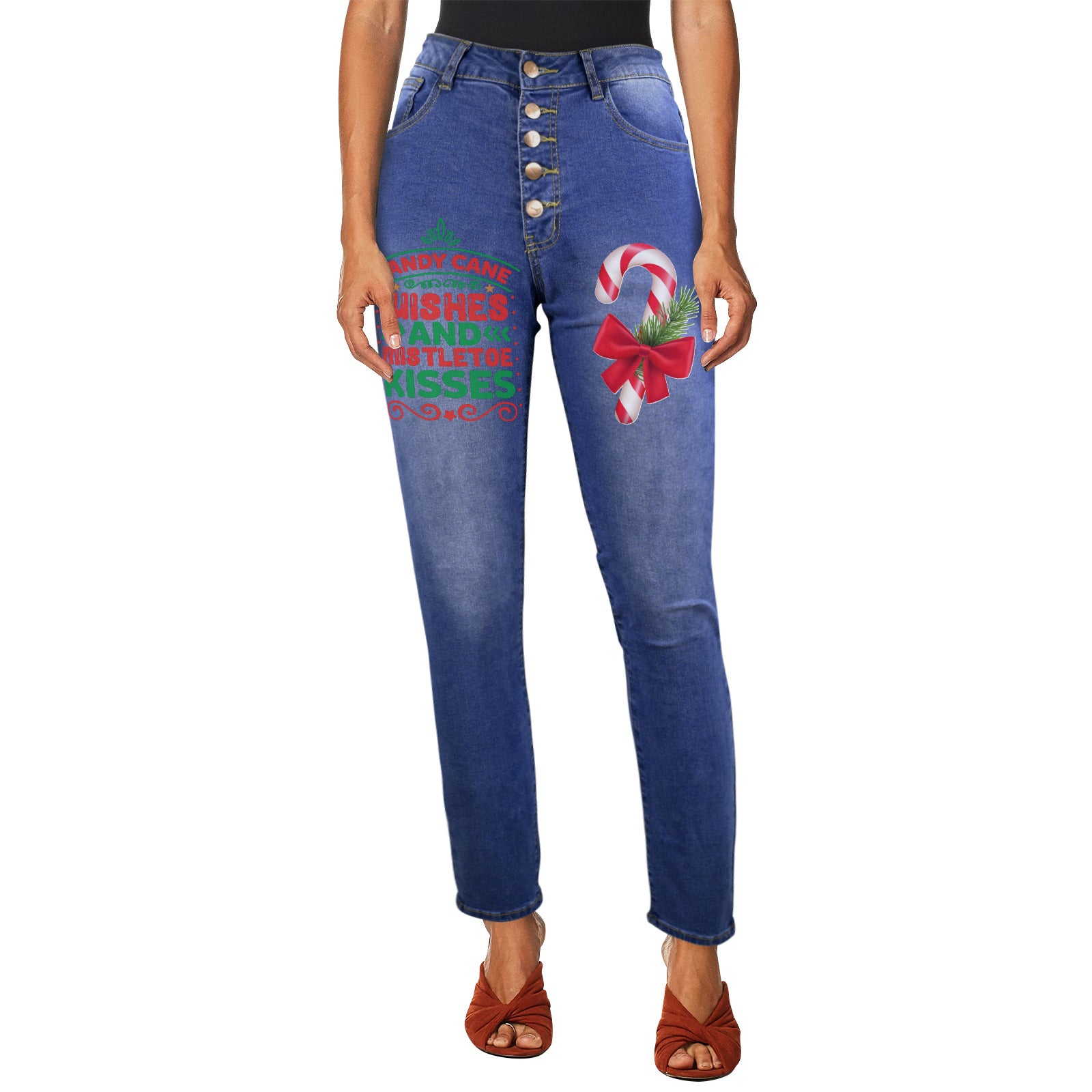 Candy Cane Kisses Women's Jeans (Front Printing) (Model L75)