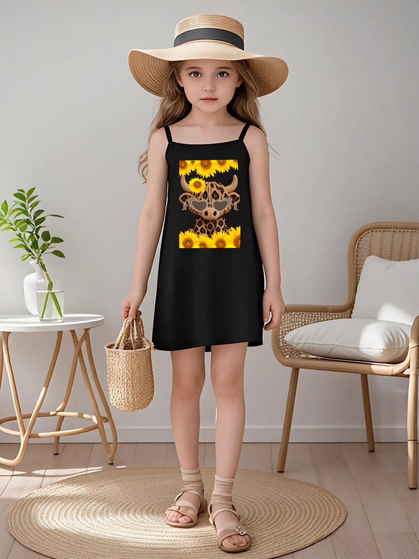 Yarn Highland Calf with Sunglasses Girls' Dress with Shoulder Straps (Front Printing)