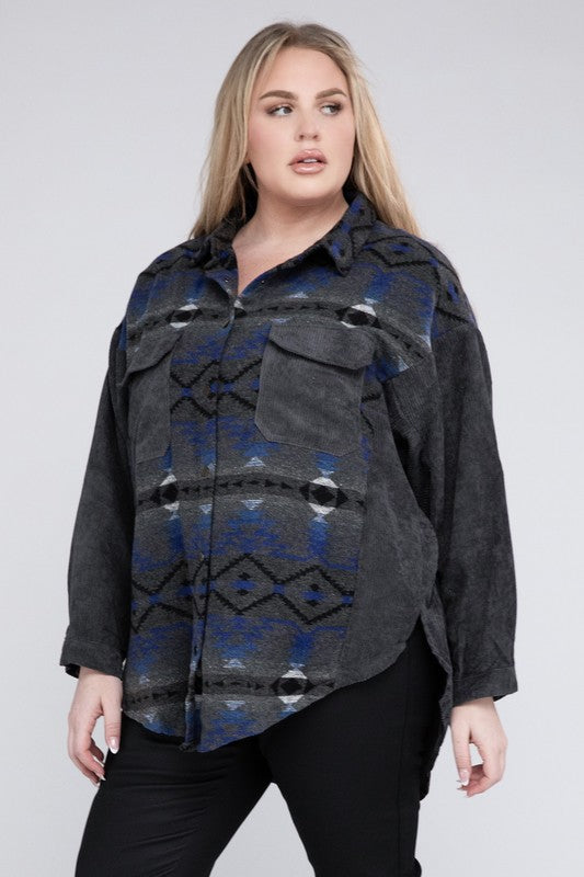 Women's Plus Size Printed Button Down Long Sleeve Jacket