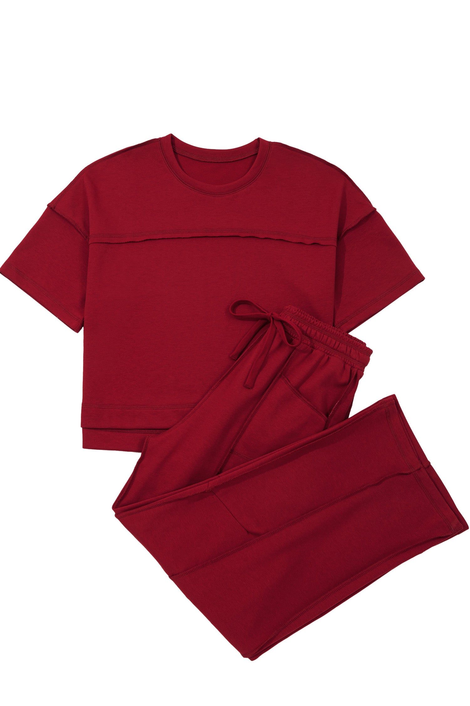 Rose Red Drop Shoulder Boxy Tee and Barrel Pants Set