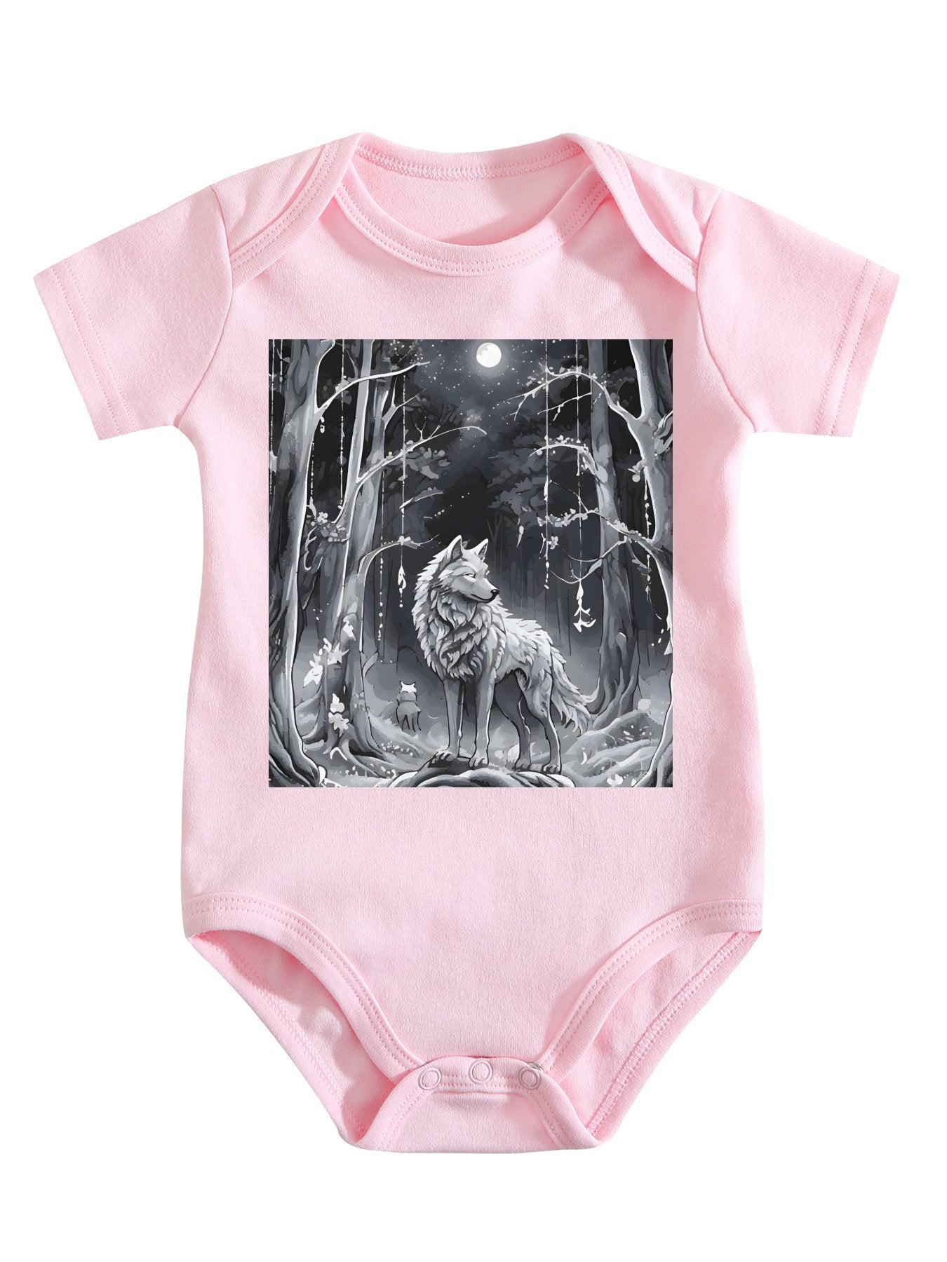 Ethereal Wolf in the Moonlight Unisex Cotton Short Sleeve Baby Romper