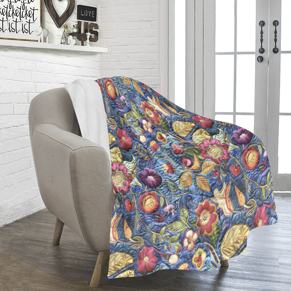Blue Faux Hand Embroidery Ultra-Soft Micro Fleece Blanket (Made in USA)