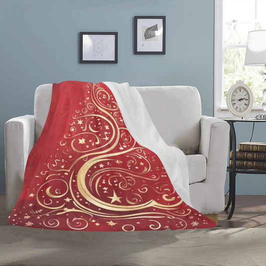 Gold Christmas Tree on Red Ultra-Soft Micro Fleece Blanket (Made in USA)