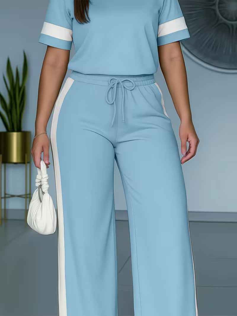 Women's Color-Block Contrast 2-Piece Outfit – Top & Pants Set