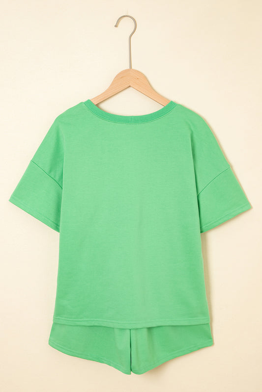 Mint Green V-neck Drop Shoulder Tee and Drawstring Shorts Outfit Set