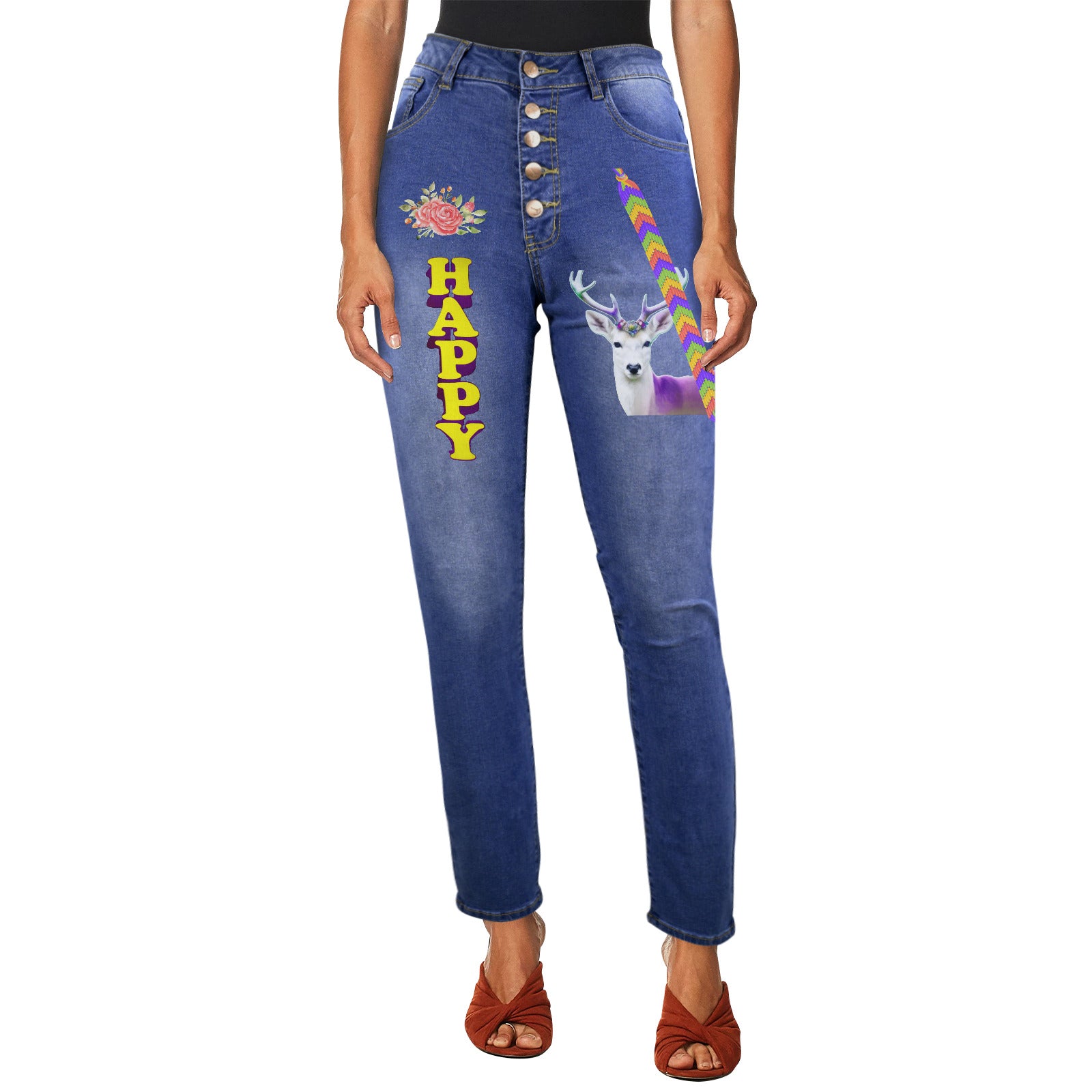 Happy Deer Women's Graffiti Design Jeans | Front Print
