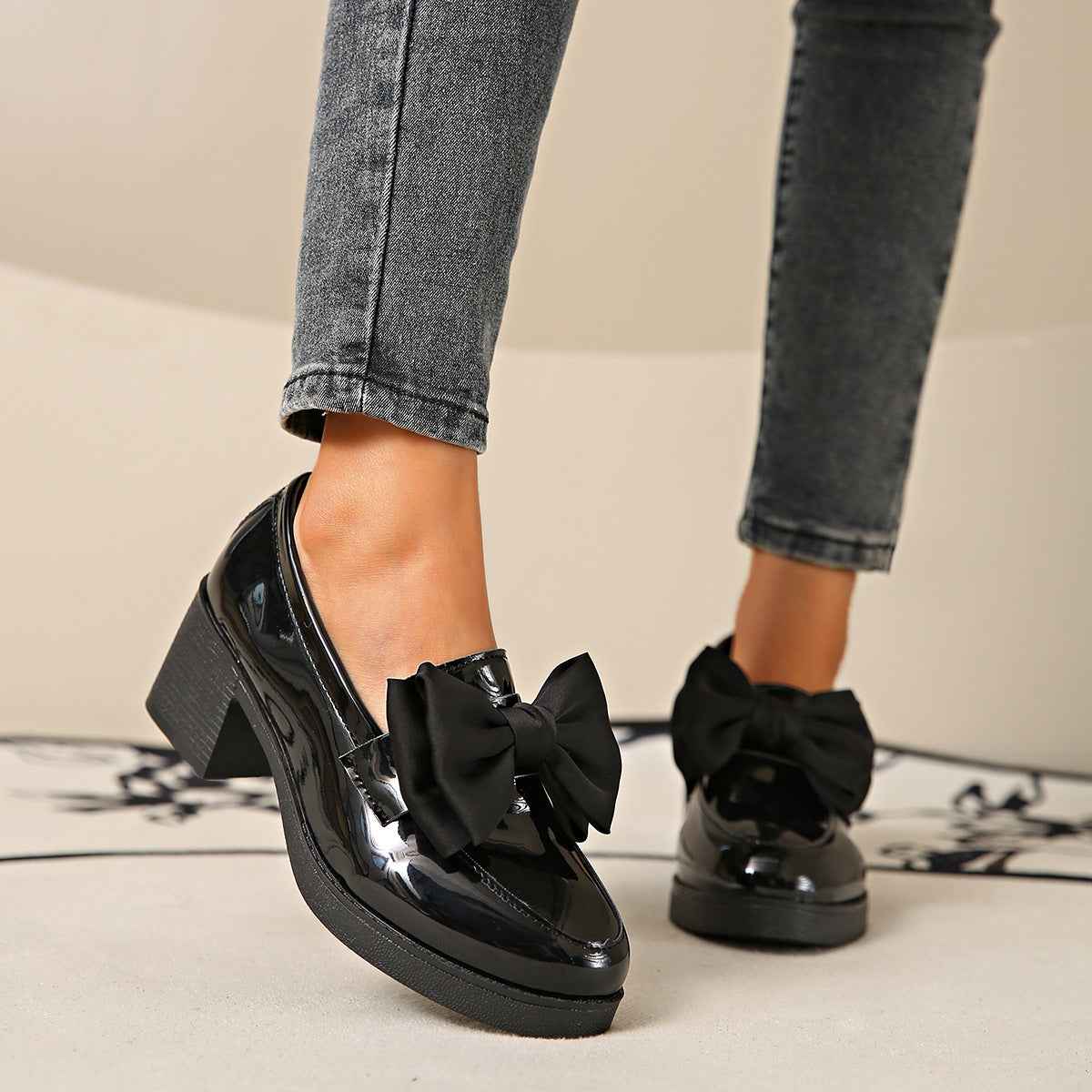 Women's Bowtie Round Toe Low Heel Pumps – Wide Size PU Casual Shoes