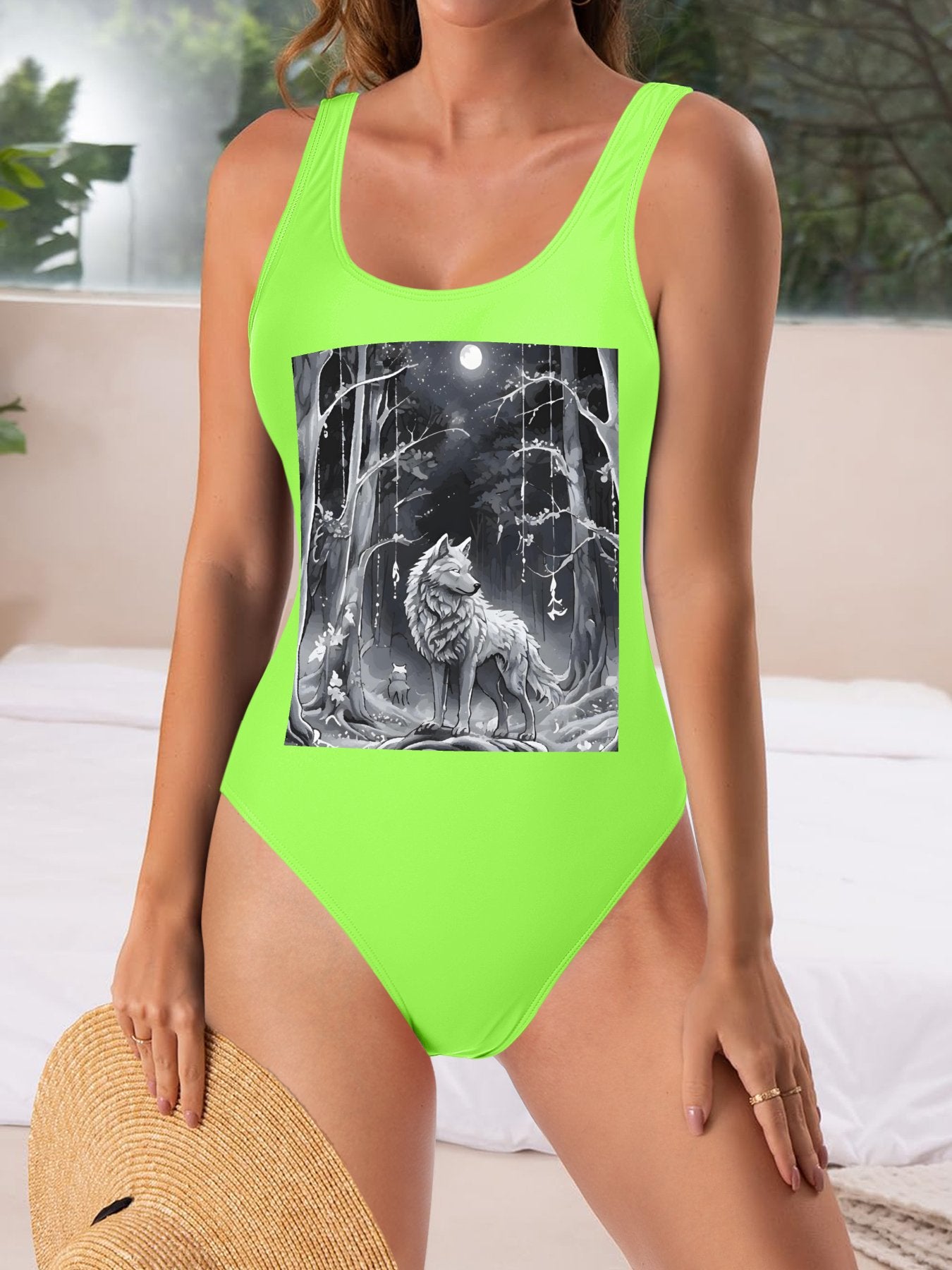 Ethereal Wolf in the Moonlight One-piece Swimsuit Bikini (Front Printing)