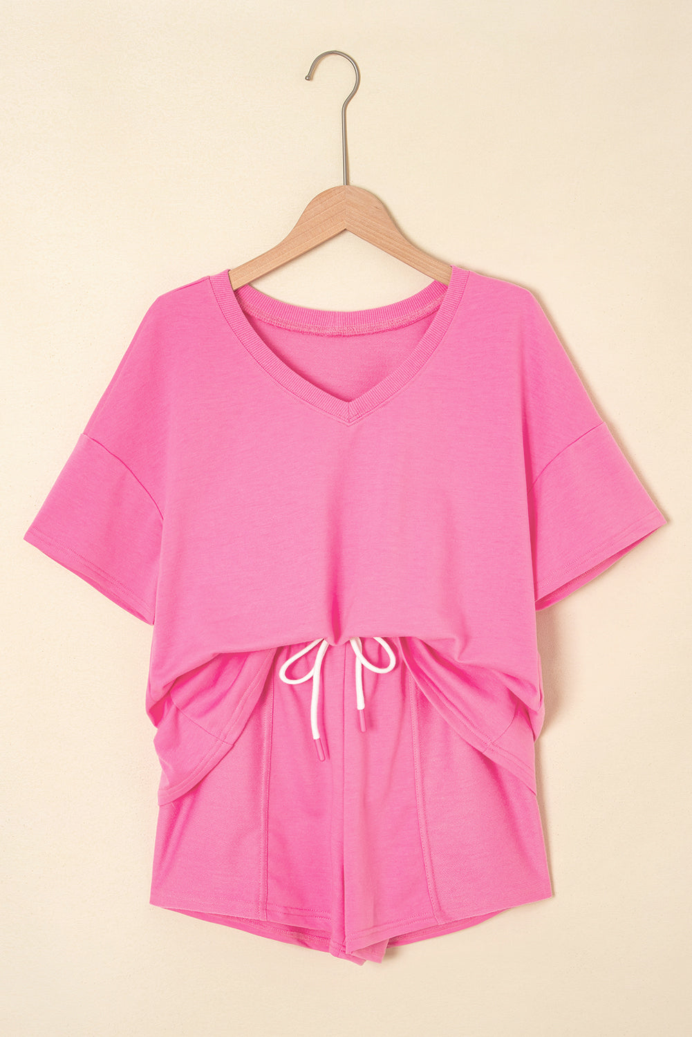 Bonbon V Neck Drop Shoulder Tee and Patchwork Shorts Set