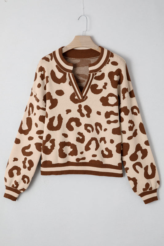 Women's Leopard Print Knit V-Neck Sweater