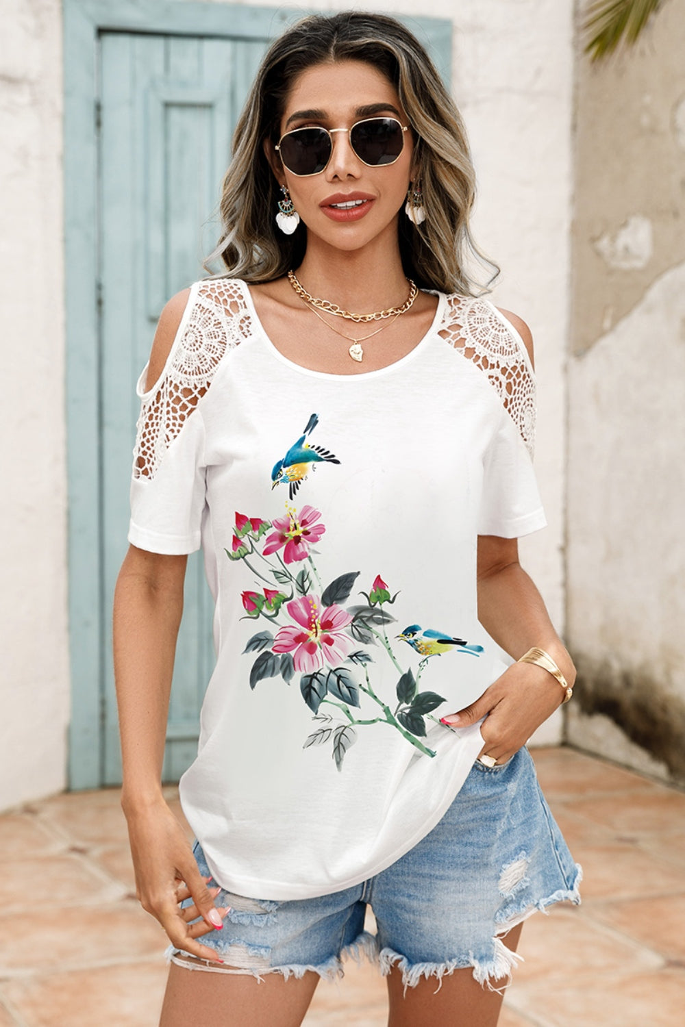 Women's Lace Detail Cold Shoulder Printed White Blouse