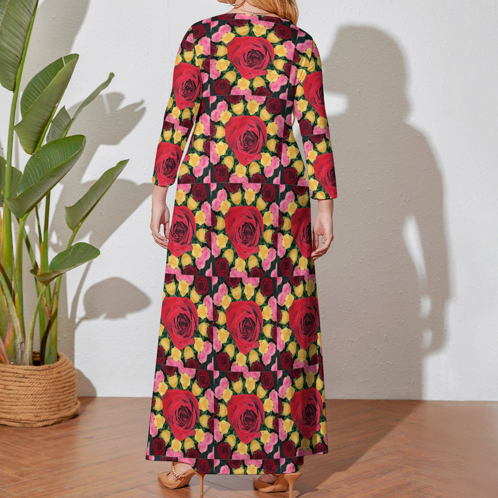 Red Rose Garden Plus Size Long Sleeve Maxi Dress